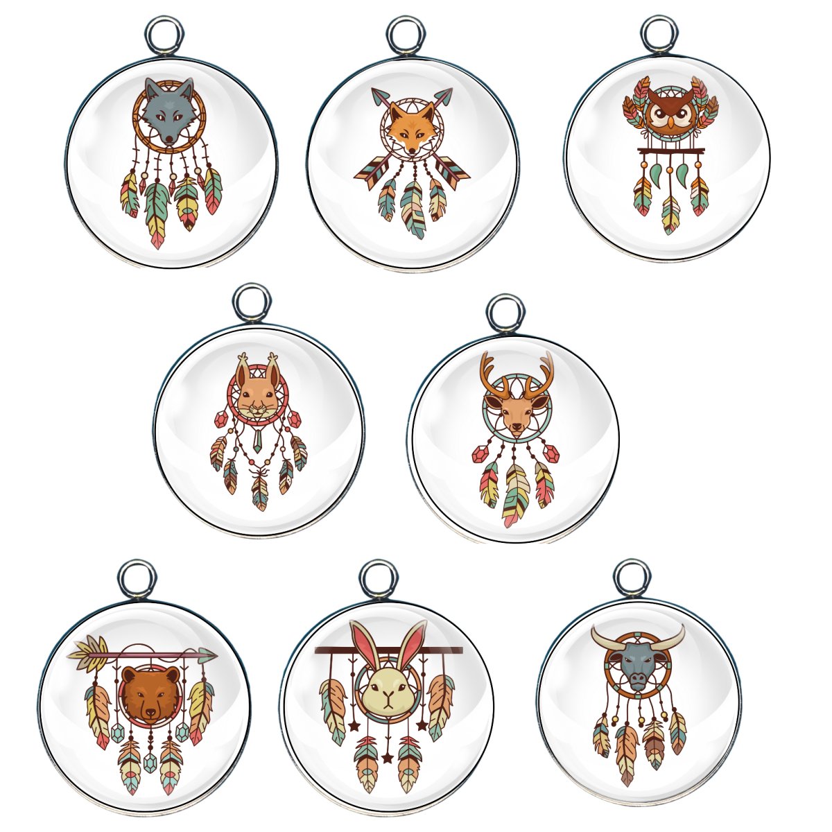 Group of 8 charms featuring dream catchers with animal heads