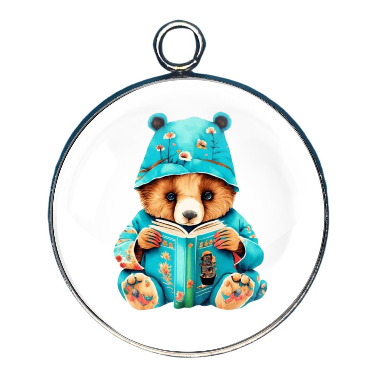 a charm depicting a bear reading a book