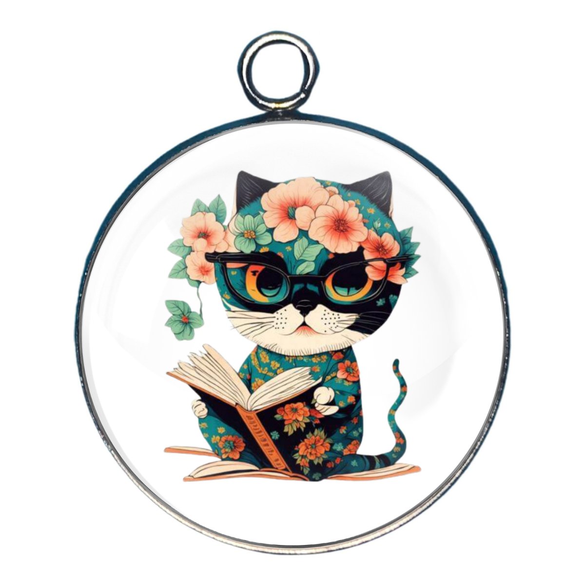 charm depicting a cat reading a book