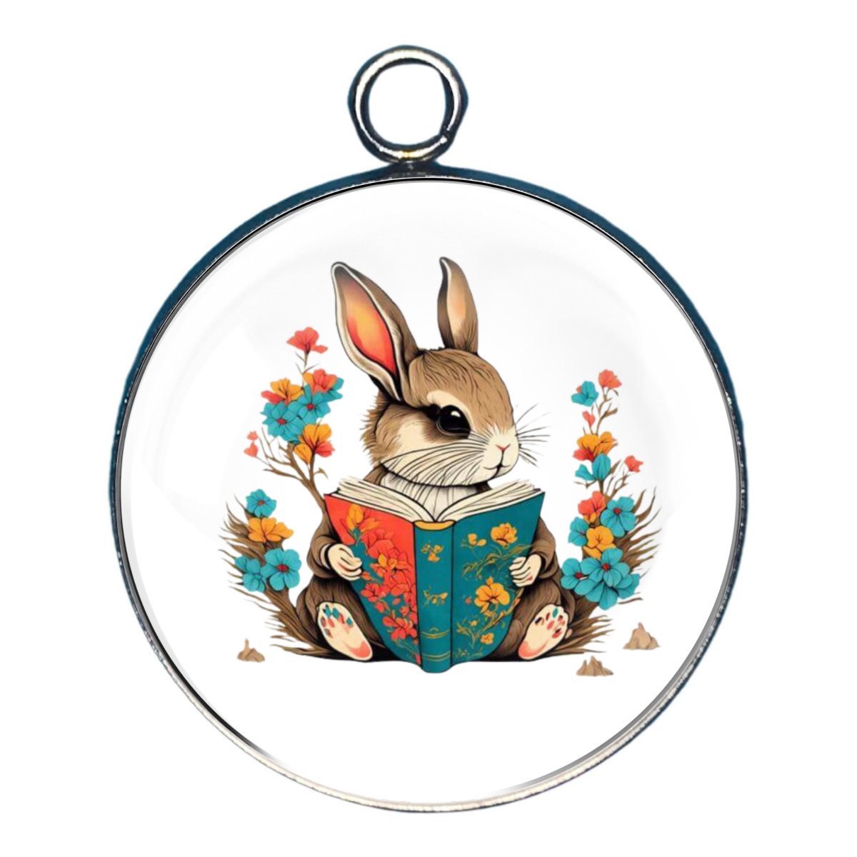 charm depicting a bunny reading a book