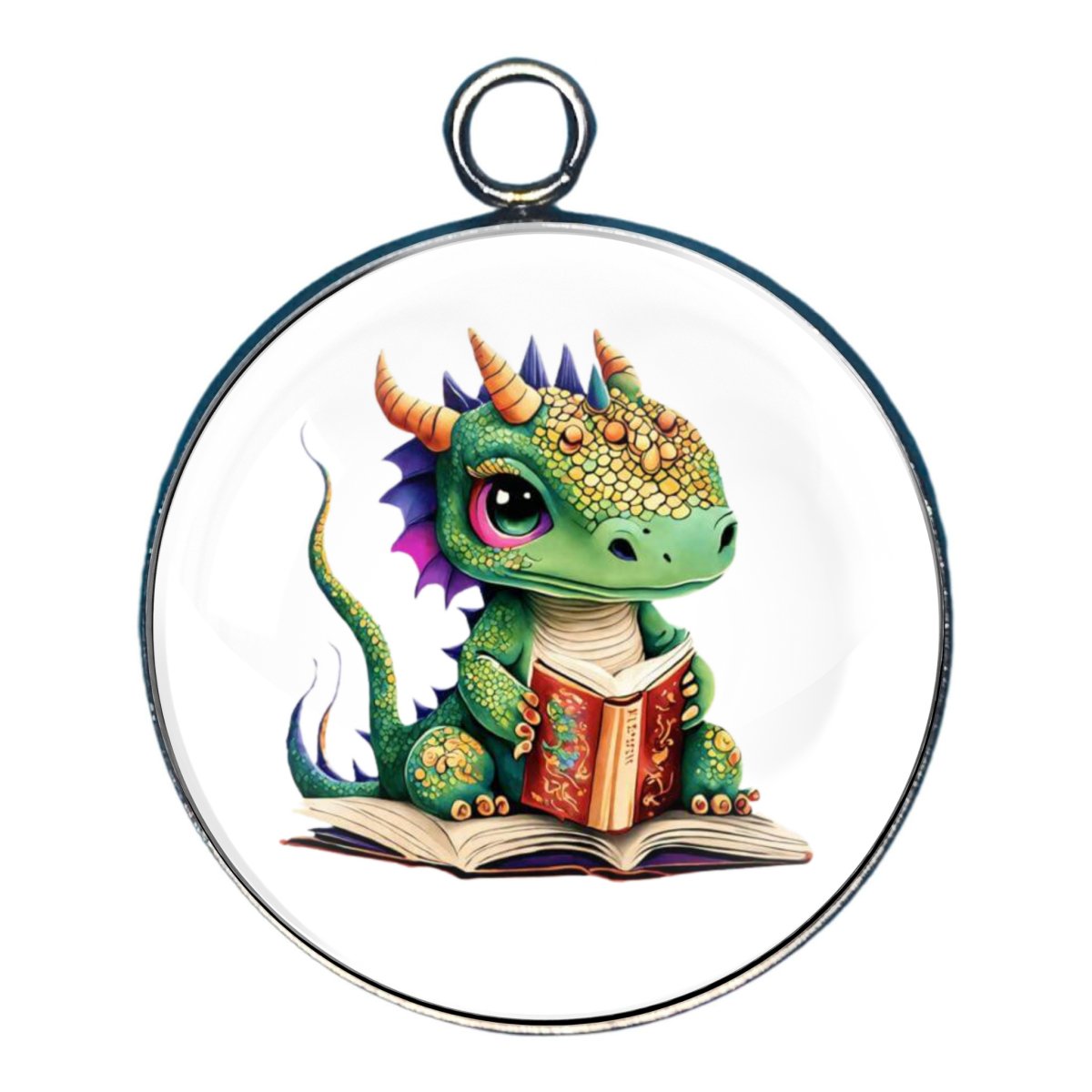 a charm depicting a dinosaur reading a book