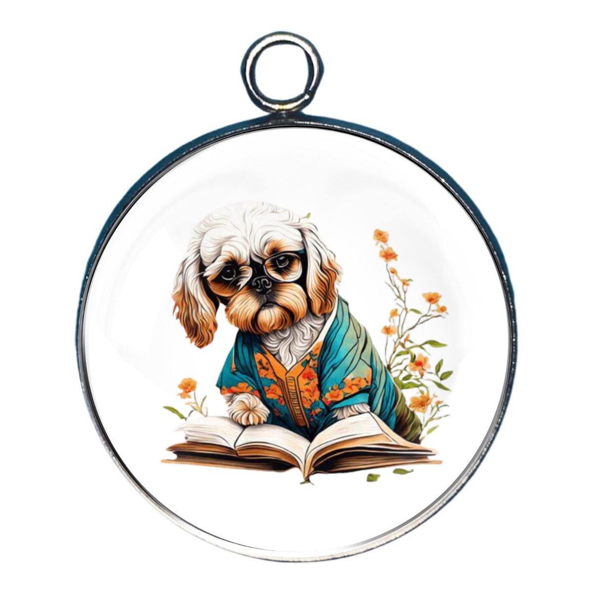 a charm depicting a dog reading a book