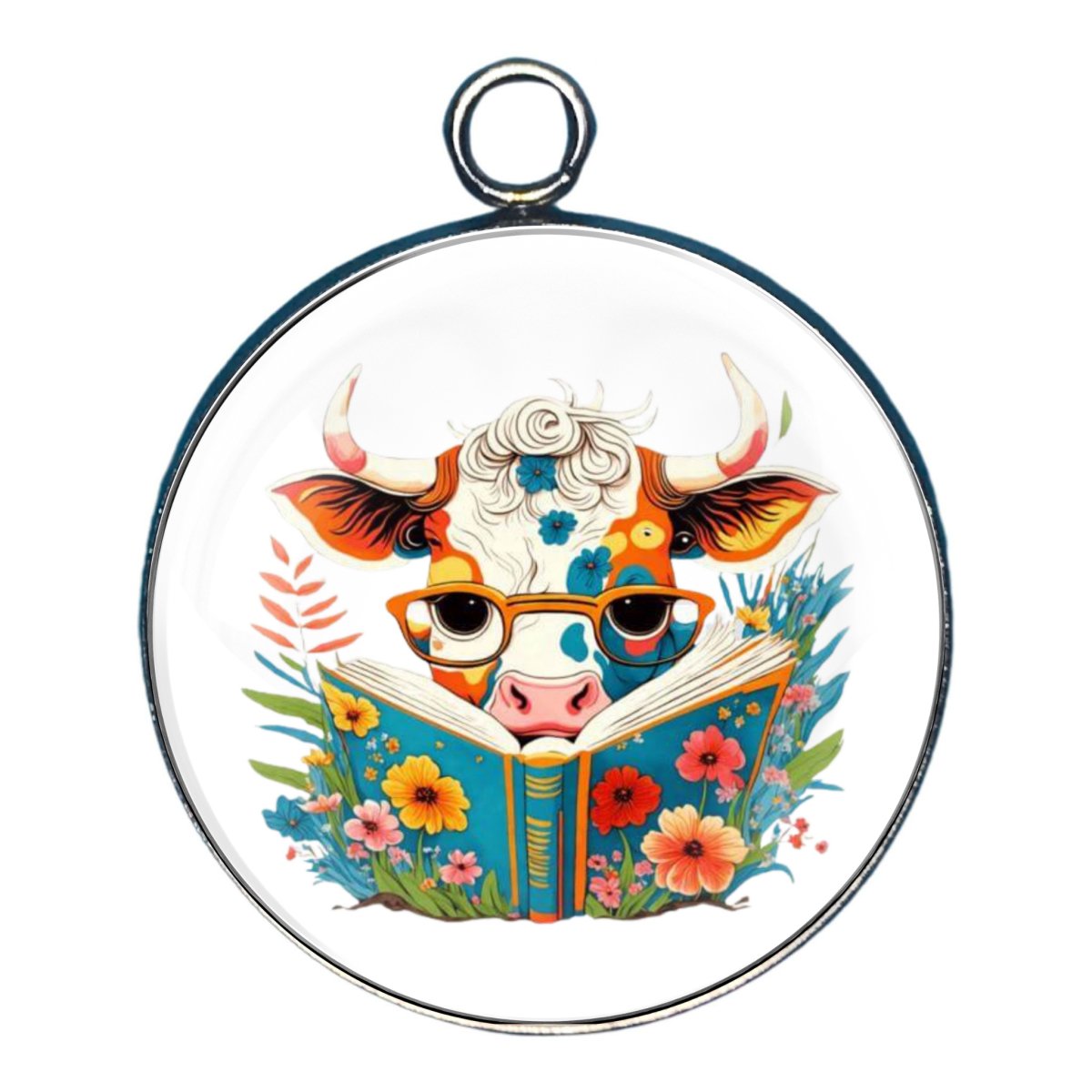 charm depicting a highland cow reading a book