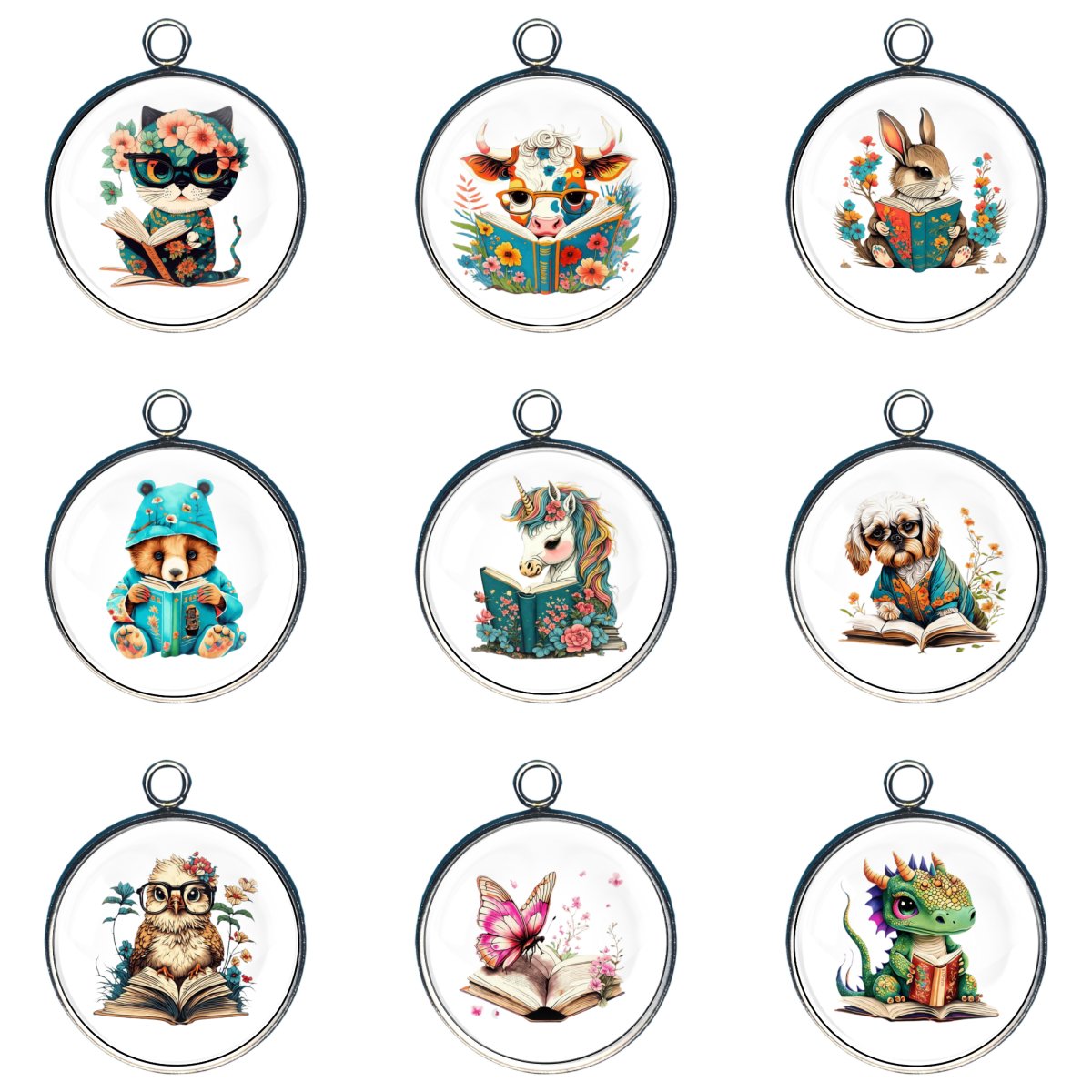 group of 9 charms depicting animals reading books