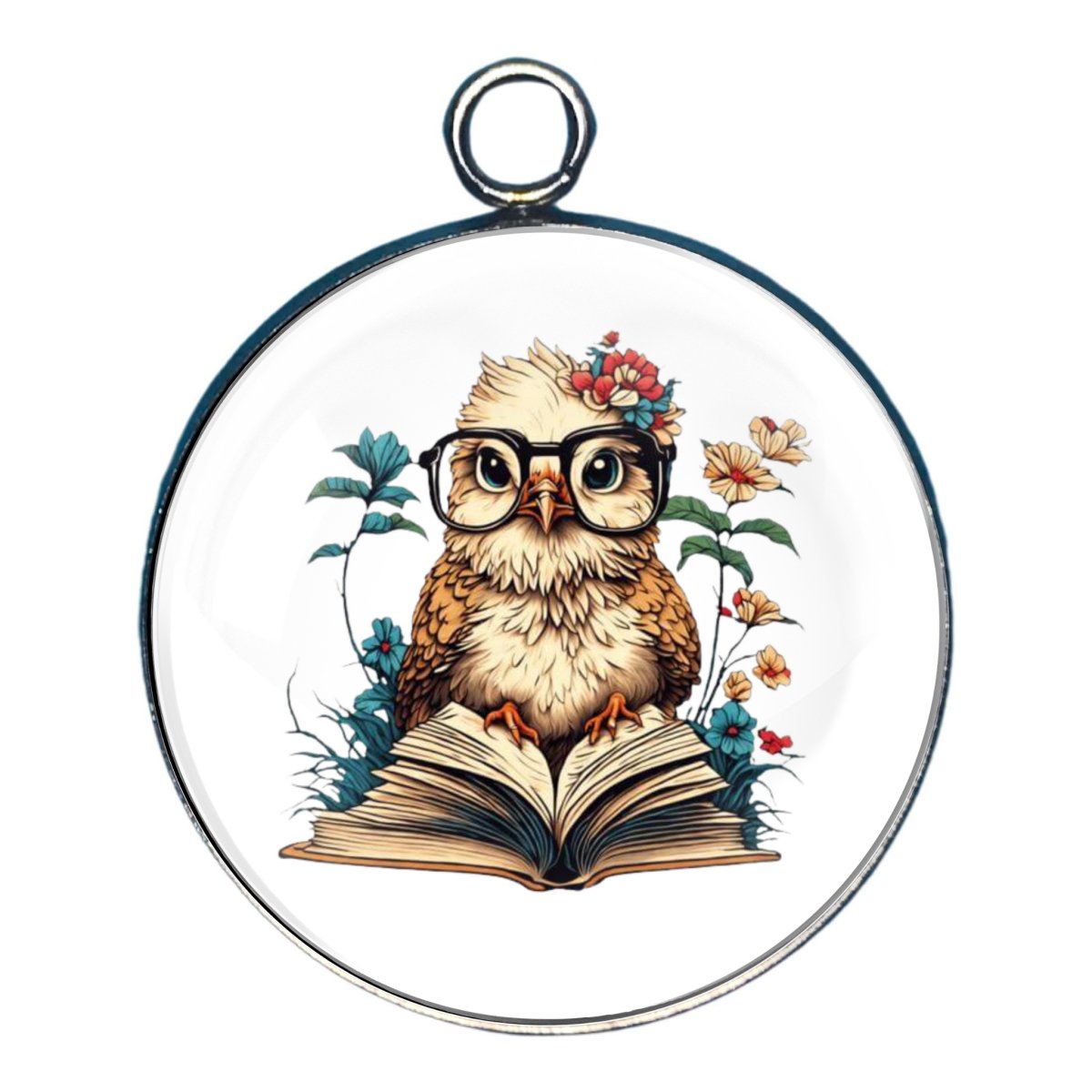 a charm depicting a bird reading a book