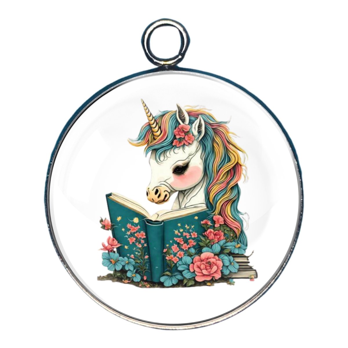 charm depicting a unicorn reading a book