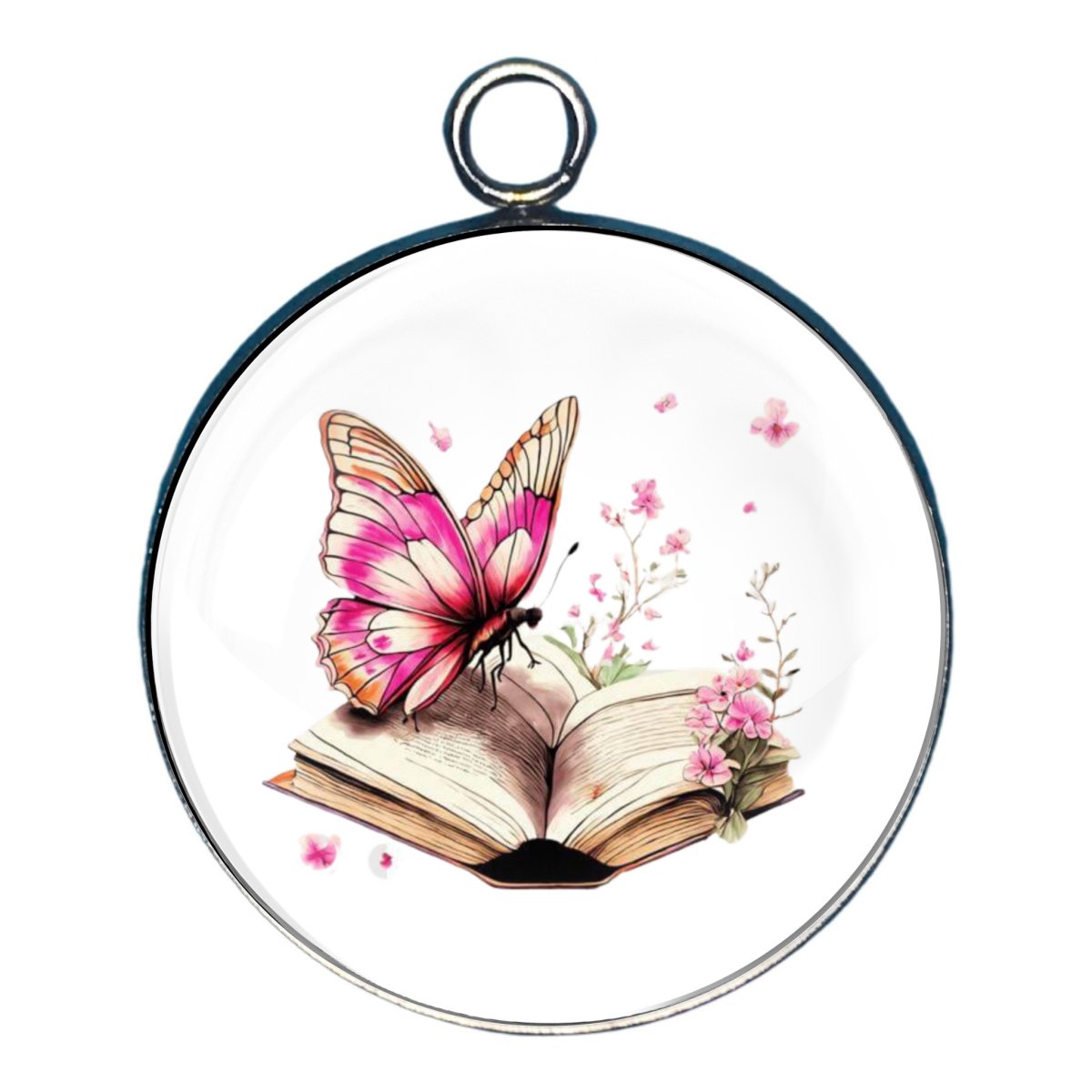 a charm depicting a butterfly reading a book