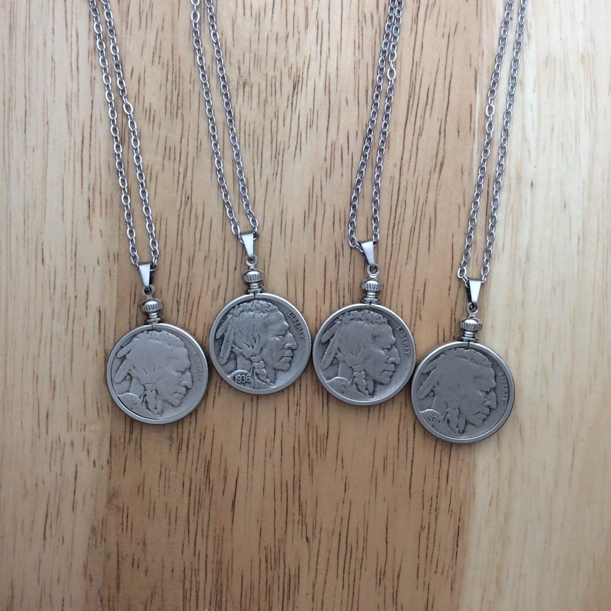 4 stainless steel necklaces with a real Buffalo Nickel pendant.