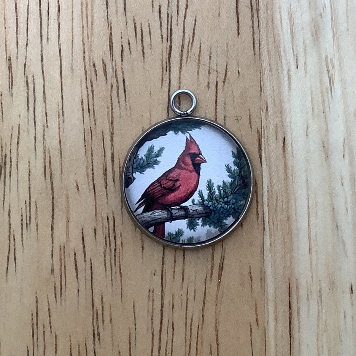 a charm of a cardinal on a juniper bush branch