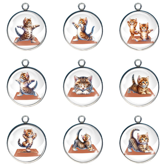 Group of 9 charms featuring adorable cats doing yoga poses.