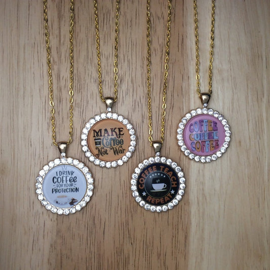 4 gold jeweled glass cabochon necklaces with coffee sayings