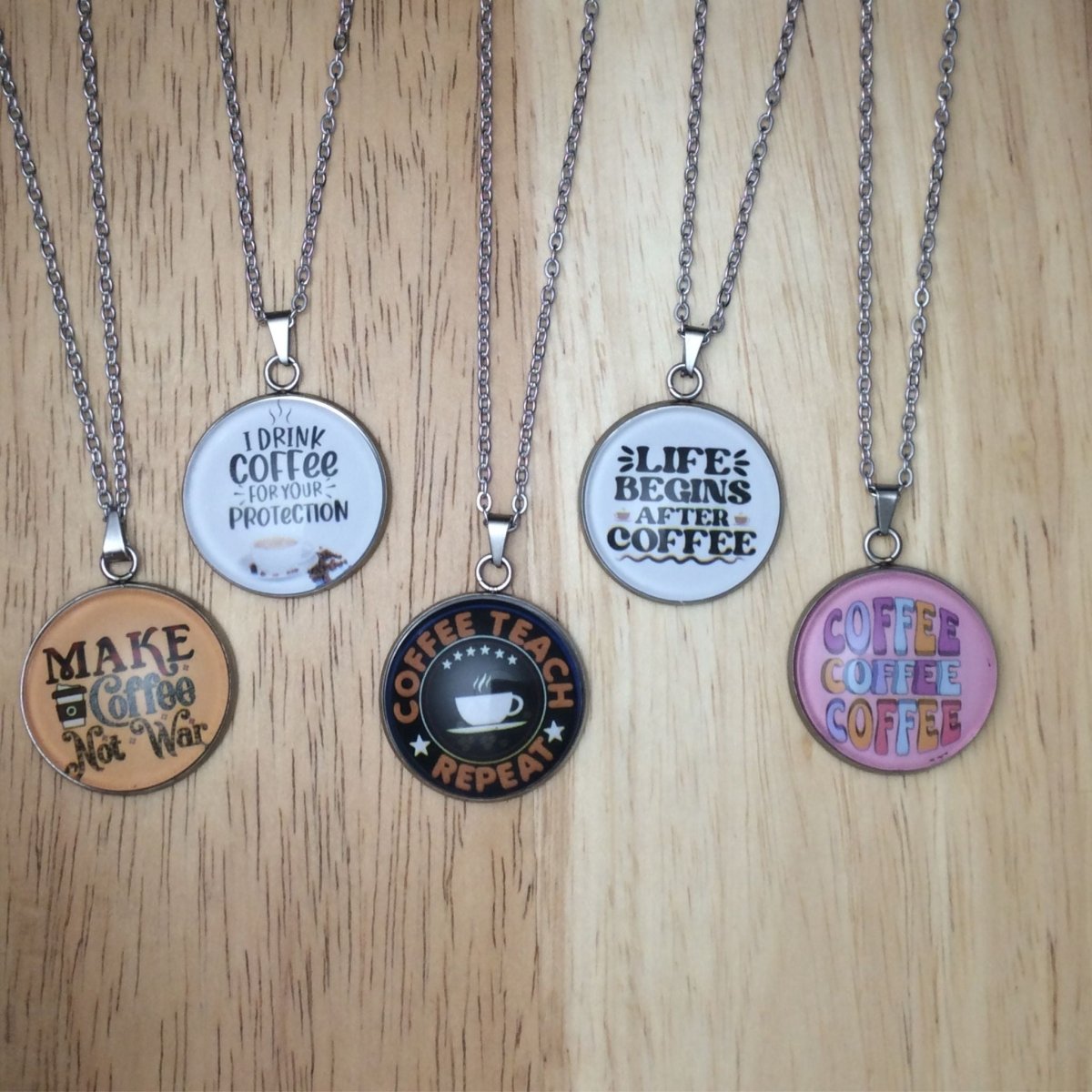 Stainless steel glass cabochon necklaces with coffee themed sayings