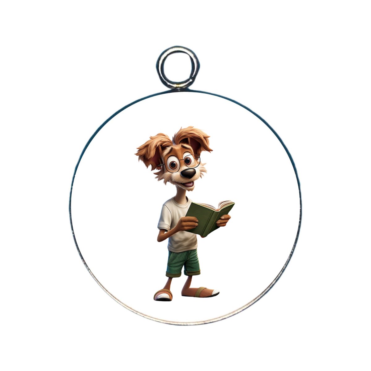 a charm featuring a dog reading a book