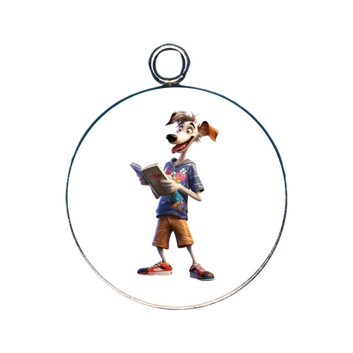 a charm featuring a dog reading a book