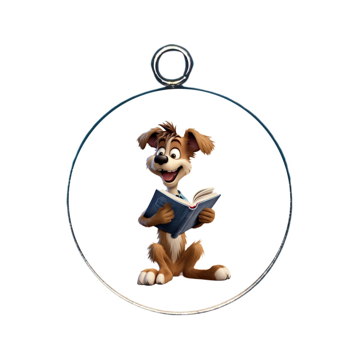 a charm featuring a dog reading a book