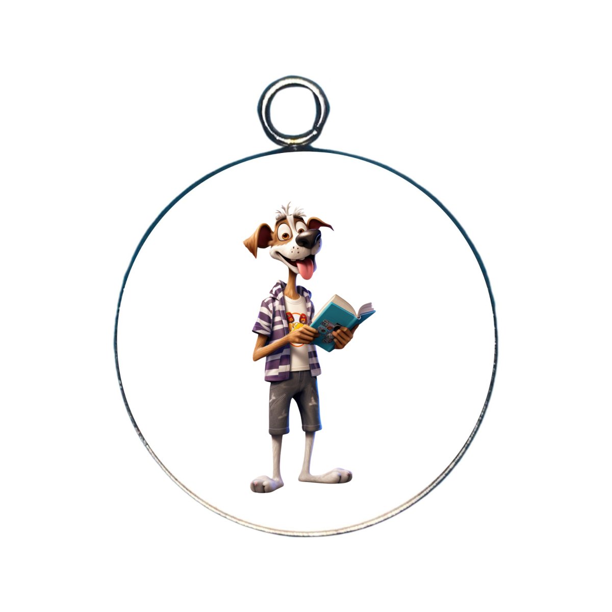 a charm featuring a dog reading a book