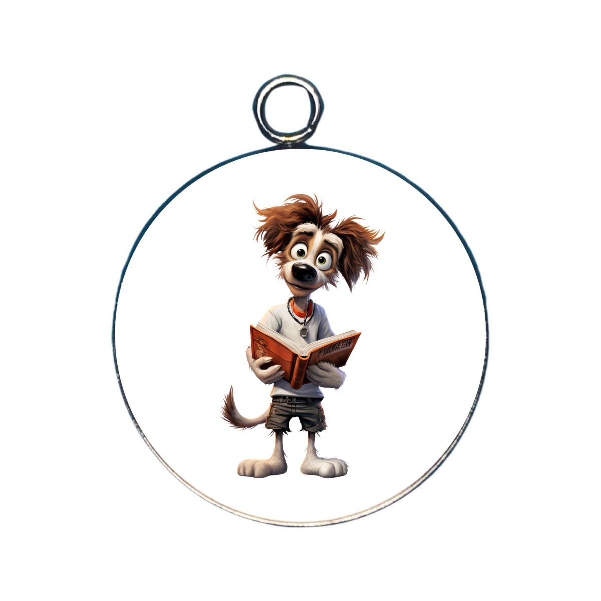 a charm featuring a dog reading a book