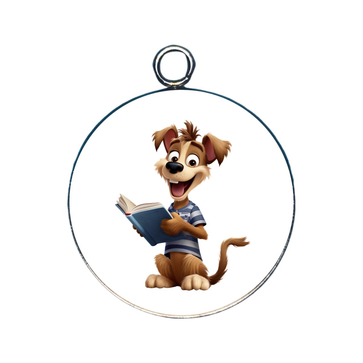 a charm featuring a dog reading a book