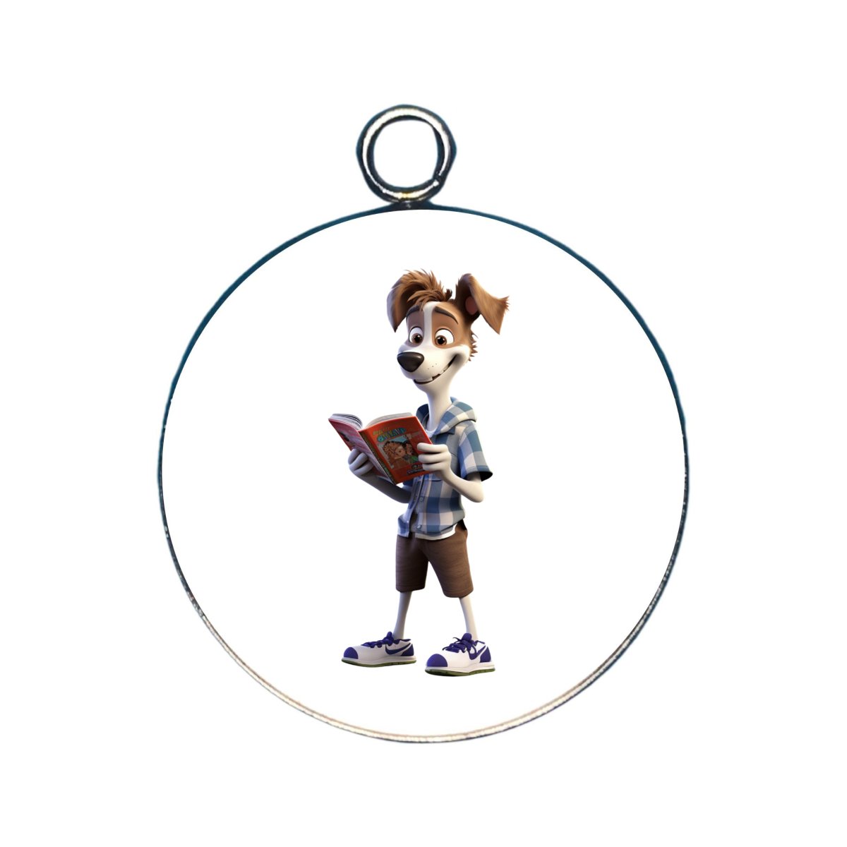 a charm featuring a dog reading a book