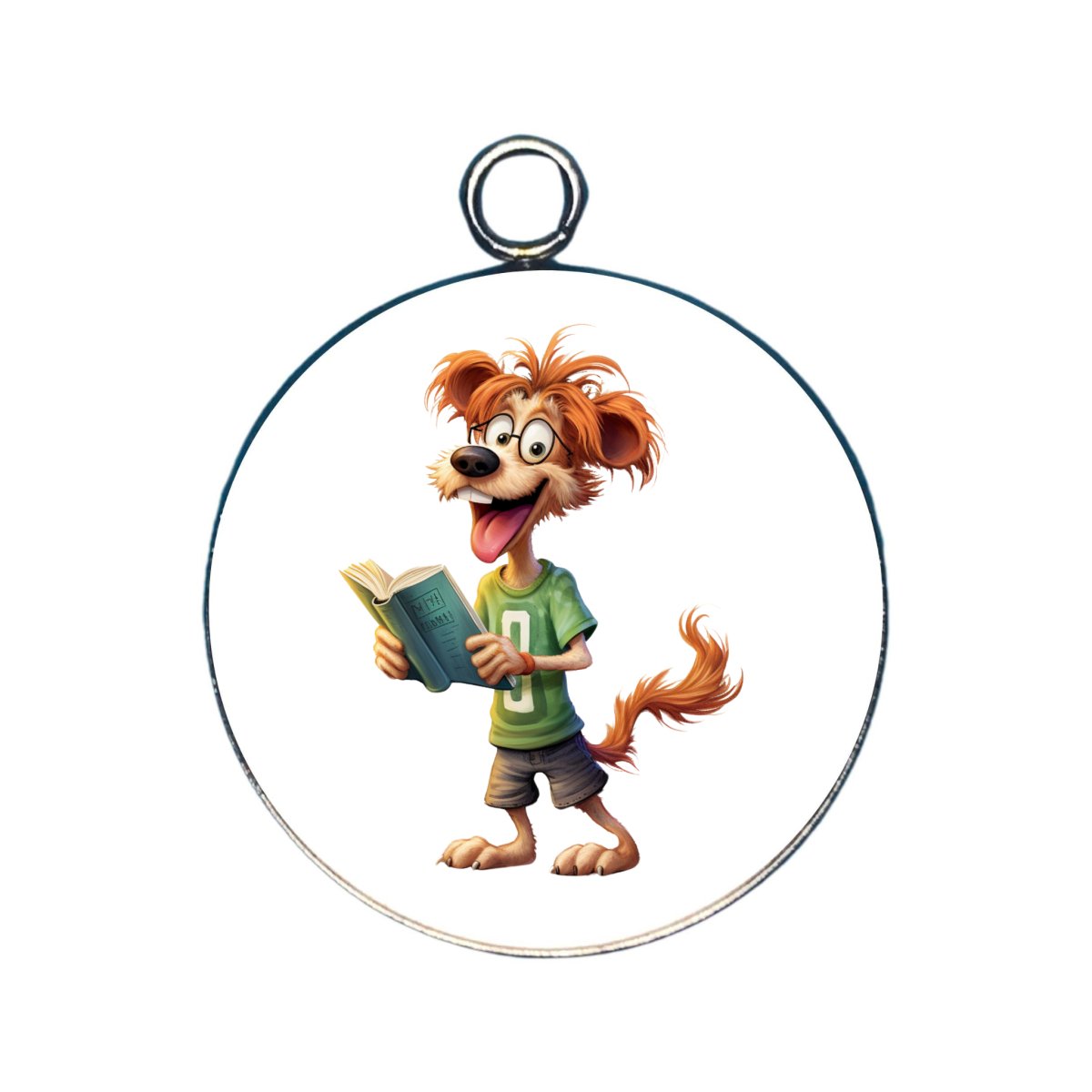 a charm featuring a dog reading a book