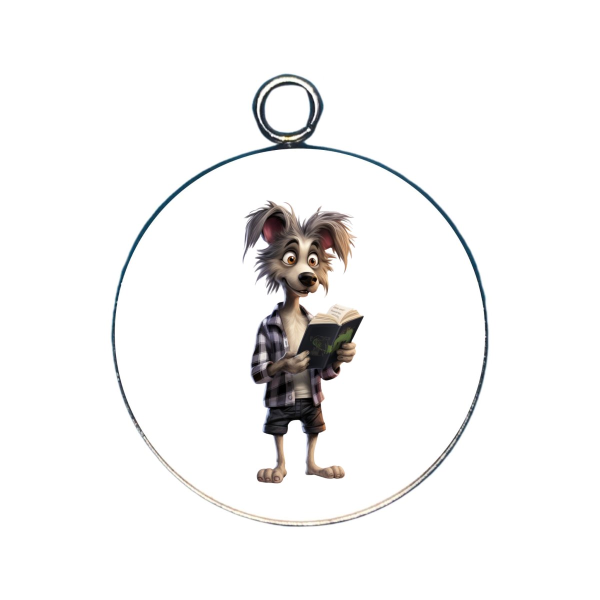 a charm featuring a dog reading a book