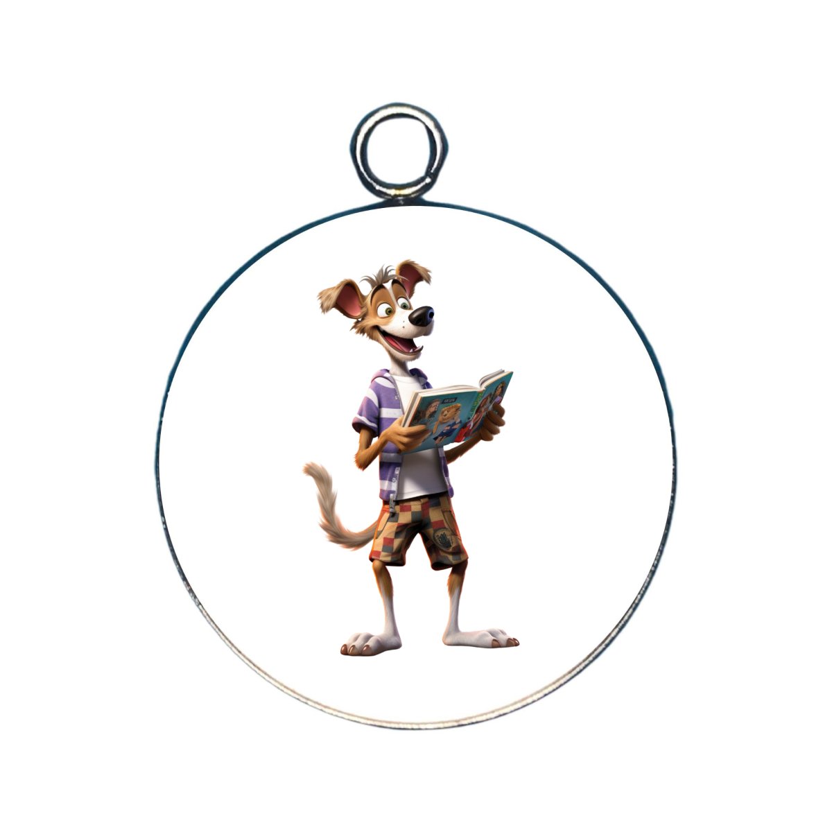 a charm featuring a dog reading a book