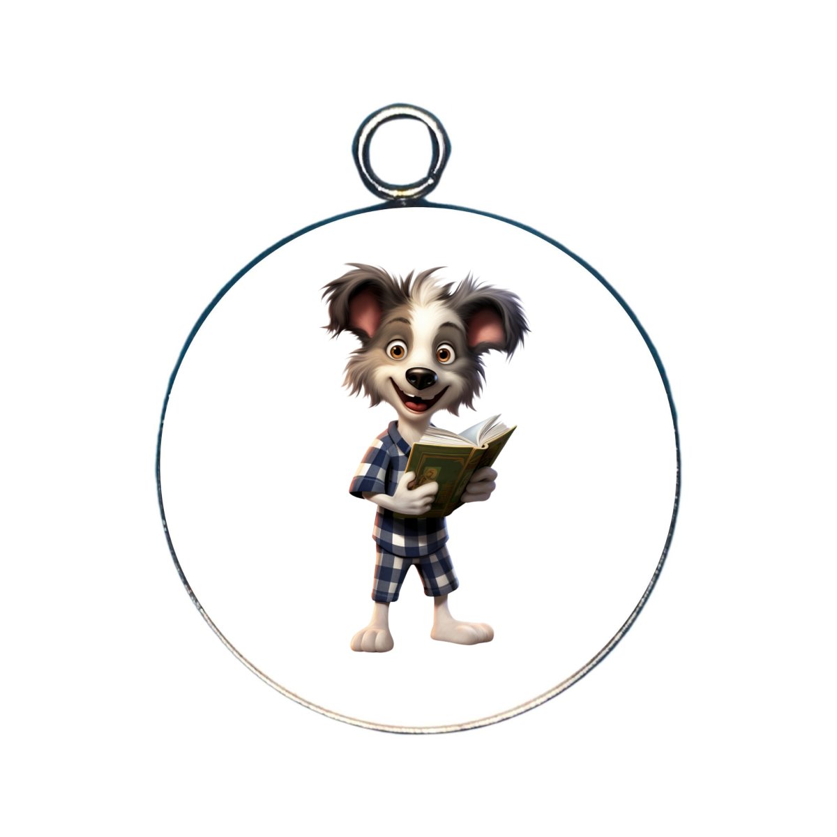 a charm featuring a dog reading a book