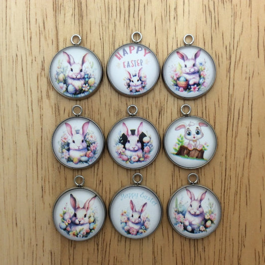 9 Easter Bunny glass cabochon charms