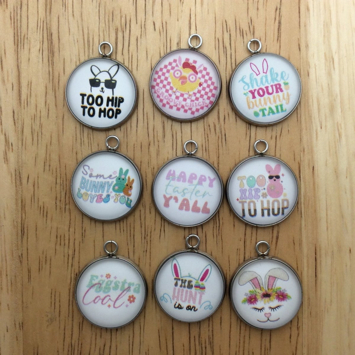 9   Easter saying themed glass cabochon charms