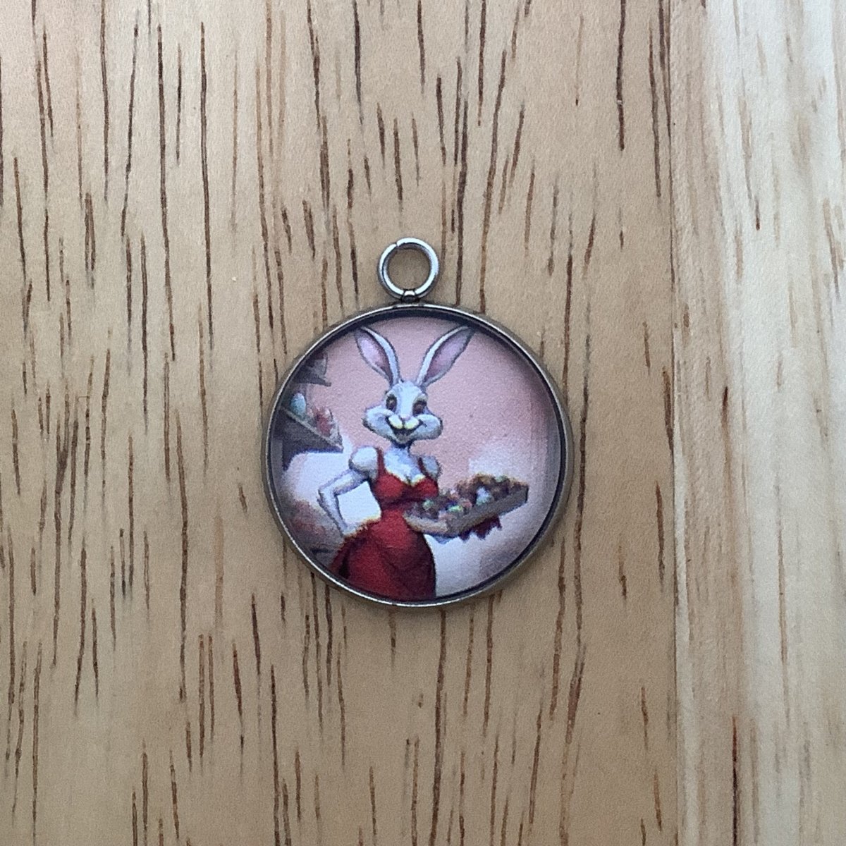 a female bunny in a red dress delivering a tray of eggs