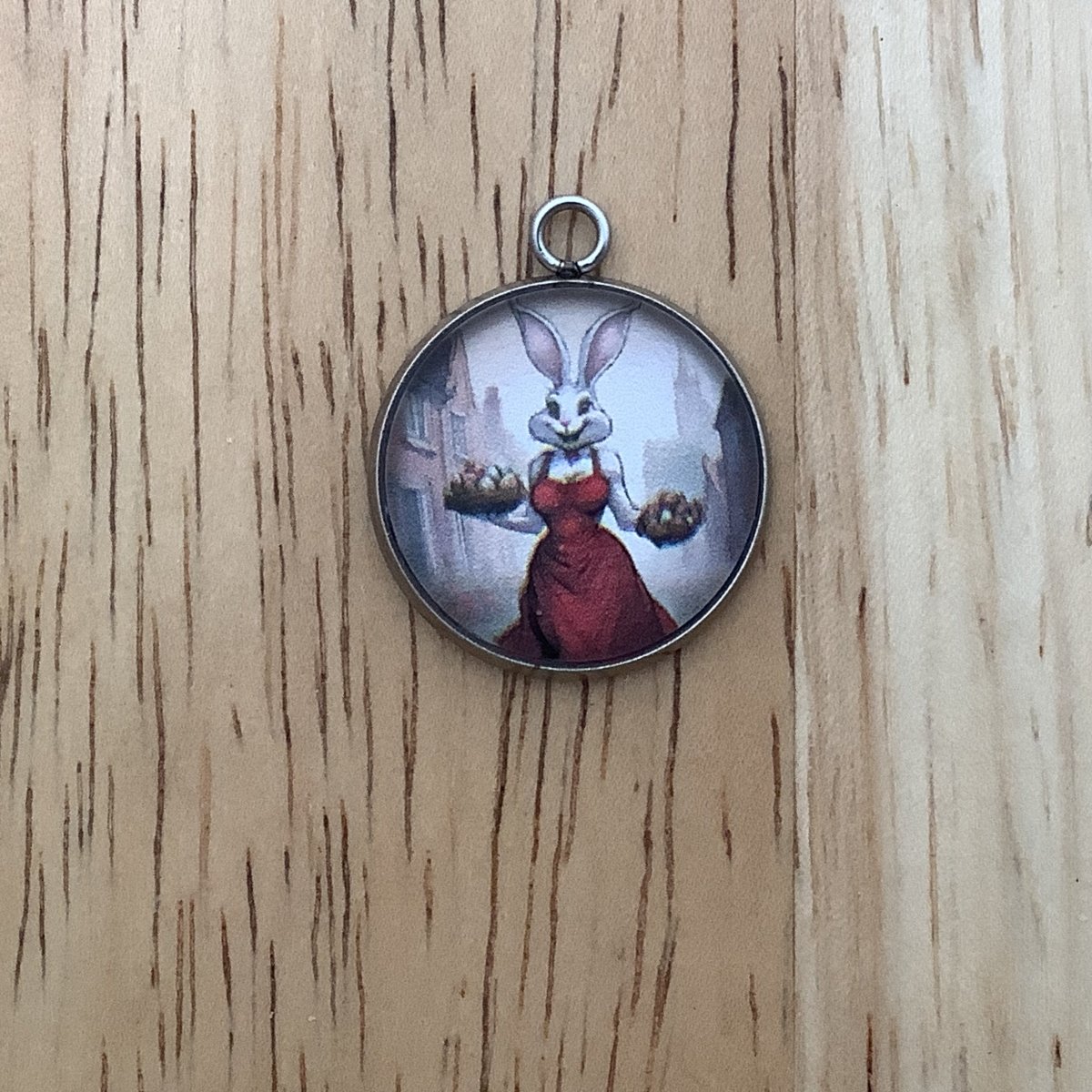 a female bunny in a red dress delivering baskets
