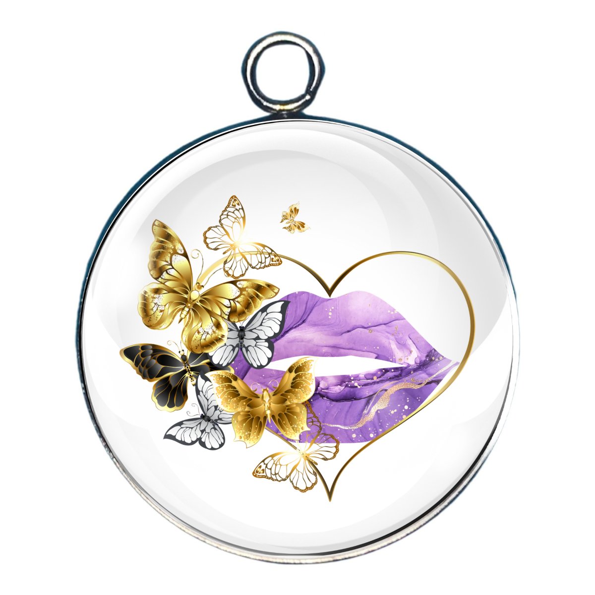 a charm depicting a heart and gold and black butterflies with purple lips