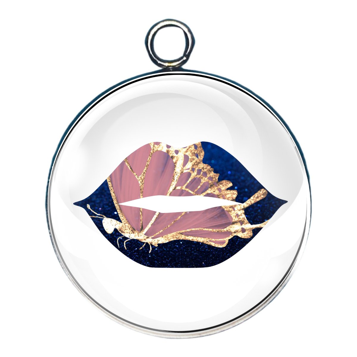 a charm depicting blue lips and a pink and gold butterfly