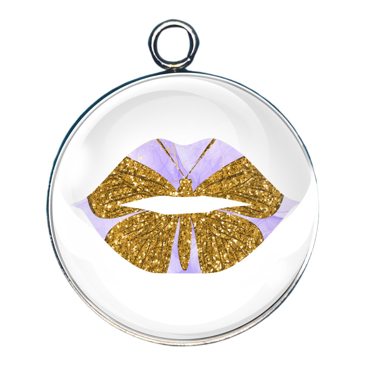 a charm depicting purple lips and a gold butterfly on top