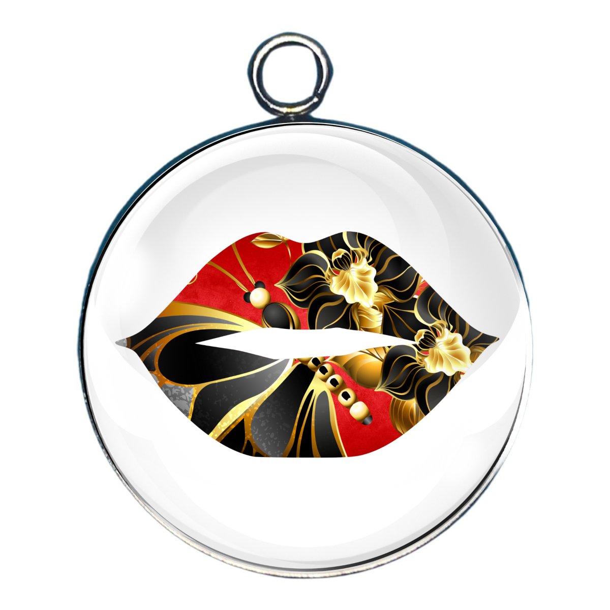 a charm depicting lips of red with a gold and black butterfly and flowers