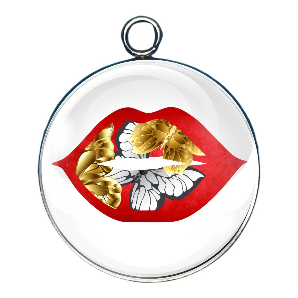 a charm depicting red lips and gold and white butterfly on top