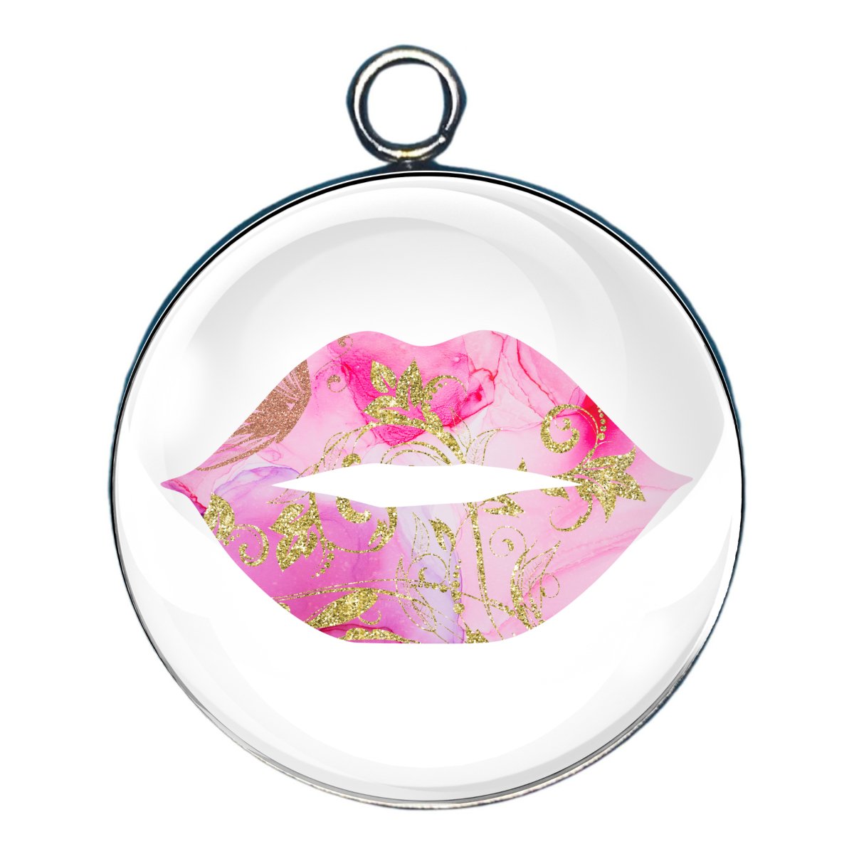 a charm depicting pink swirls and gold glitter