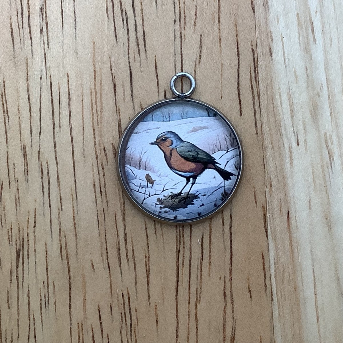 charm with a brown/red bird in a pach of dirt in  a field