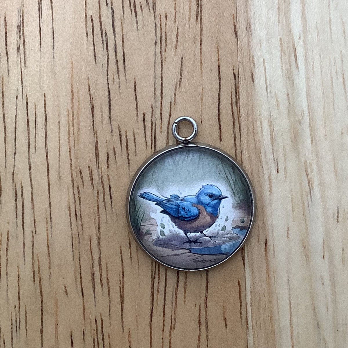 charm of a blue bird taking a bath in a puddle