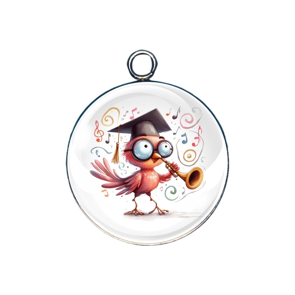 charm depicting a graduation bird tooting his own horn