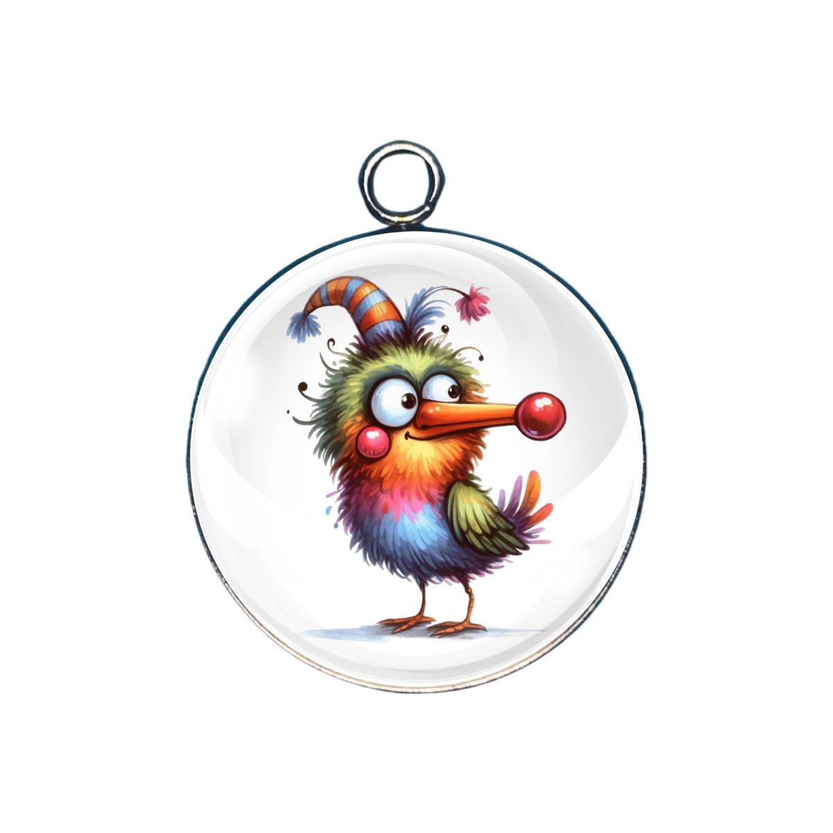 charm depicting a bird with a red clown nose on his beak