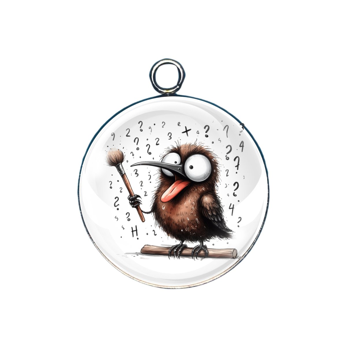 charm depicting a bird with a paint brush and math figures around him