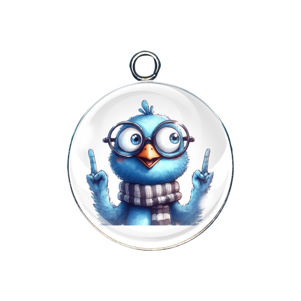 charm depictin a bird with glasses and a scarf flipping us 'the bird'