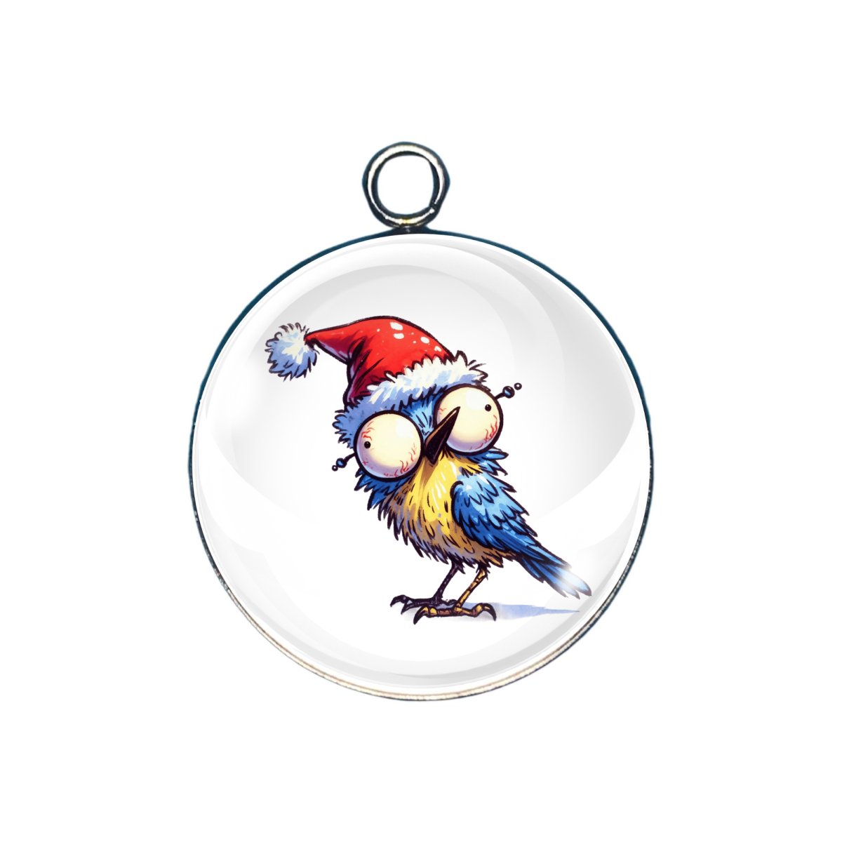 a charm depicting a bird with a santa hat