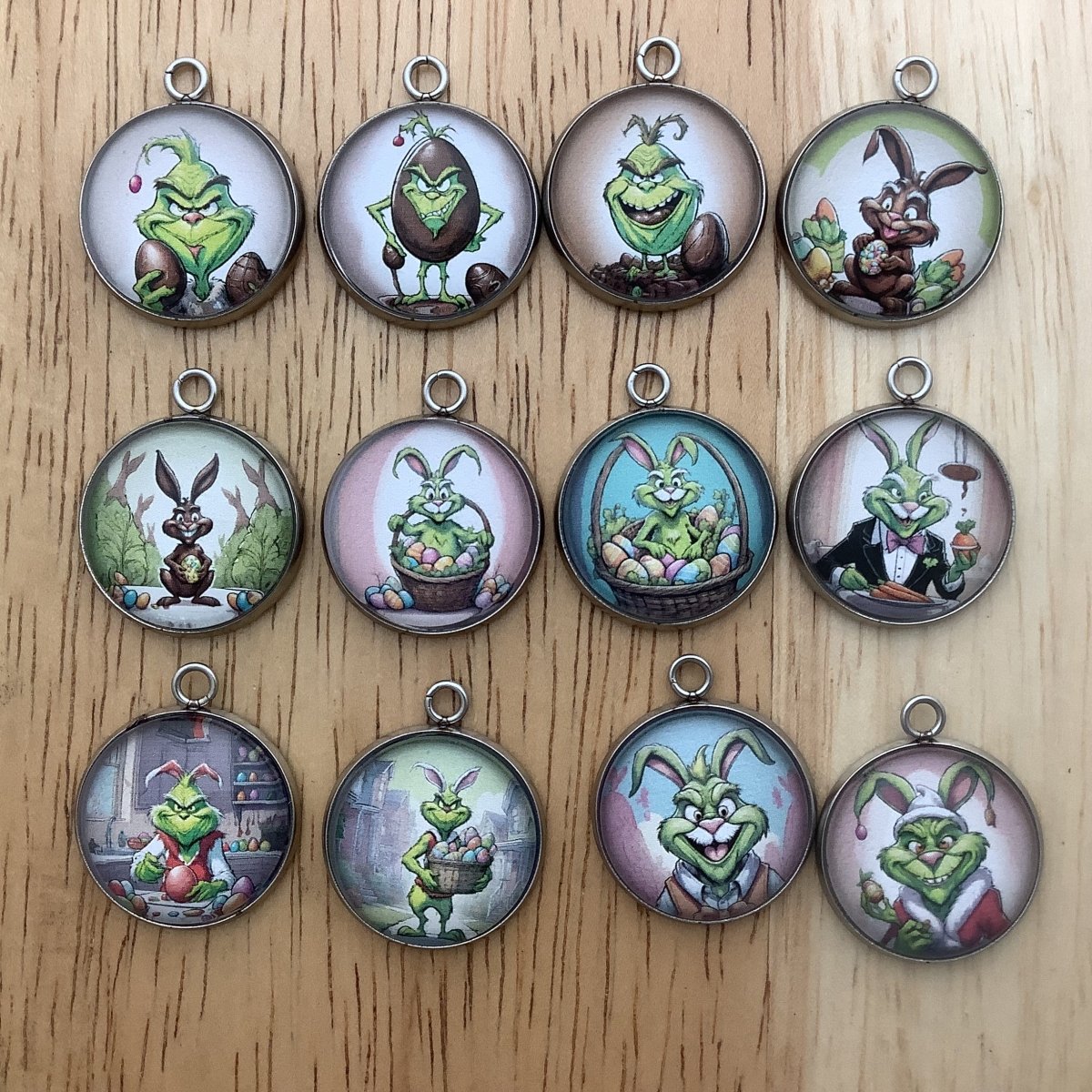 a group of grinch inspired easter charms