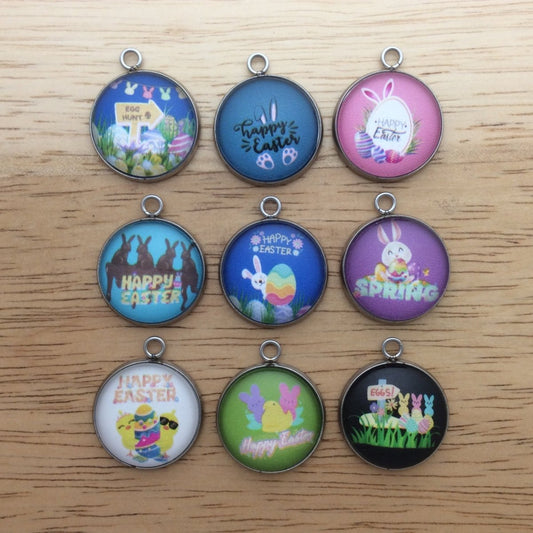 9 easter themed glass cabochon charms