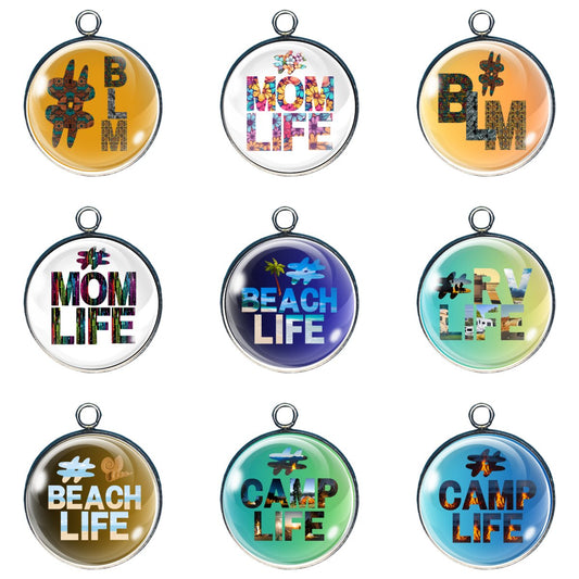 Group of 9 charms depicting different hashtag words