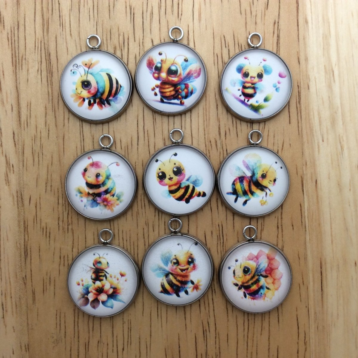 9 glass cabochon charms with cute honey bee images