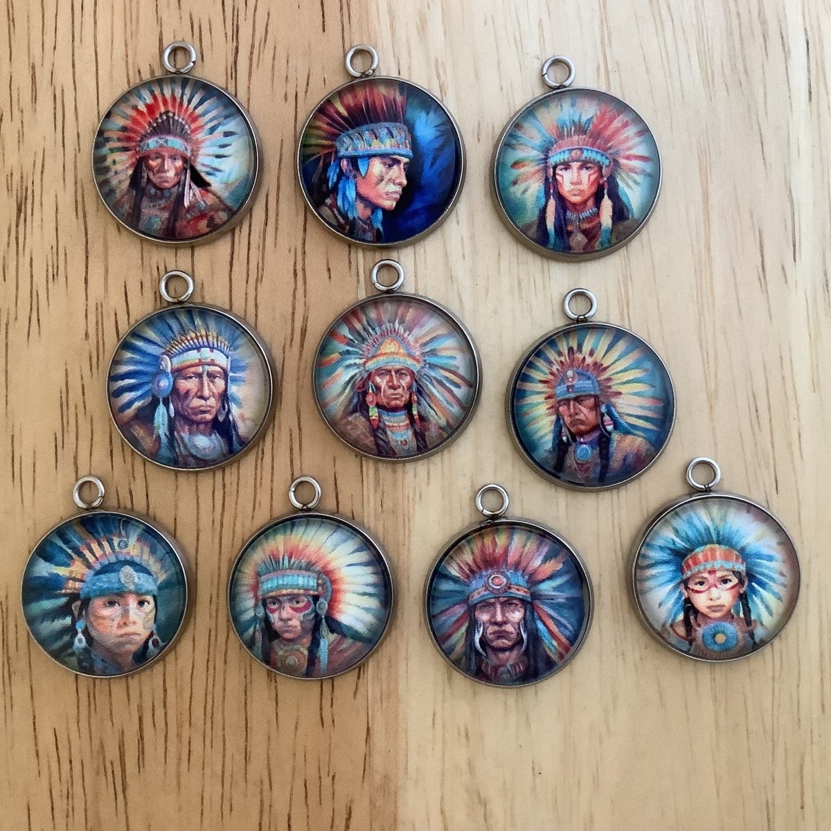 group of 10 watercolor style Indian warriors wearing headdresses