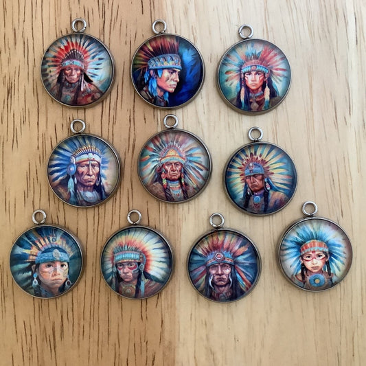 group of 10 watercolor style Indian warriors wearing headdresses